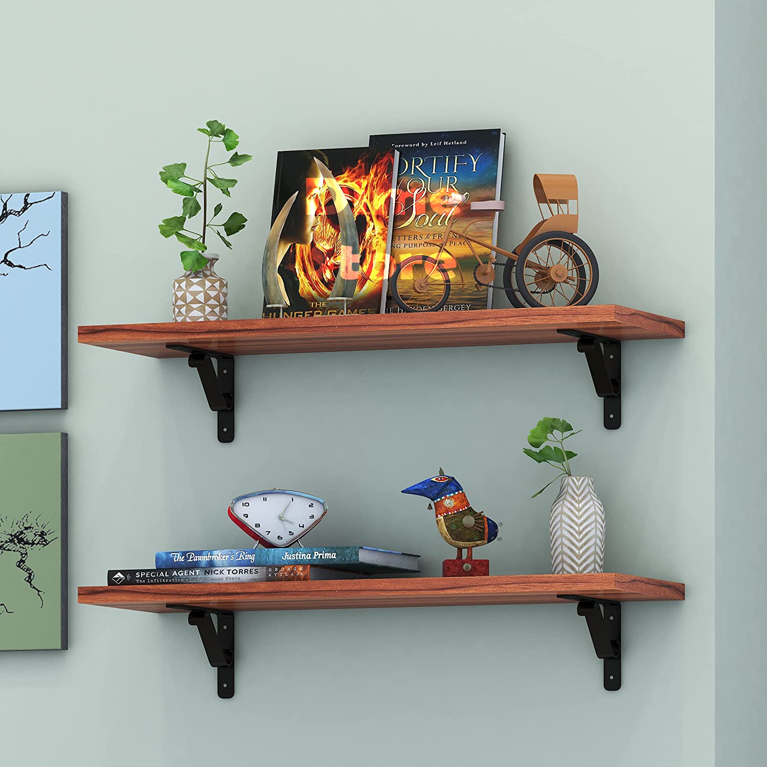 Wood and Metal Floating Wall Shelves | Home Decorative Shelf (24 * 6 Inches) - Pack of 2 (24 x 6 Inch, Brown)