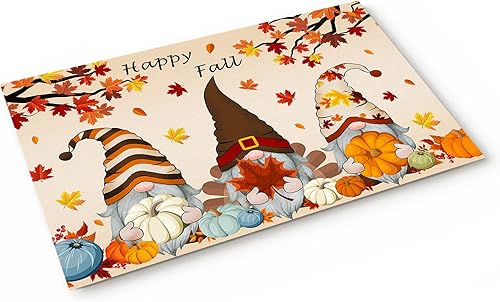 Tapete de otoño con diseño de calabaza, gnomo, tapete de bienvenida, tapete de entrada, tapete de piso de hoja de arce de Acción de Gracias, tapete