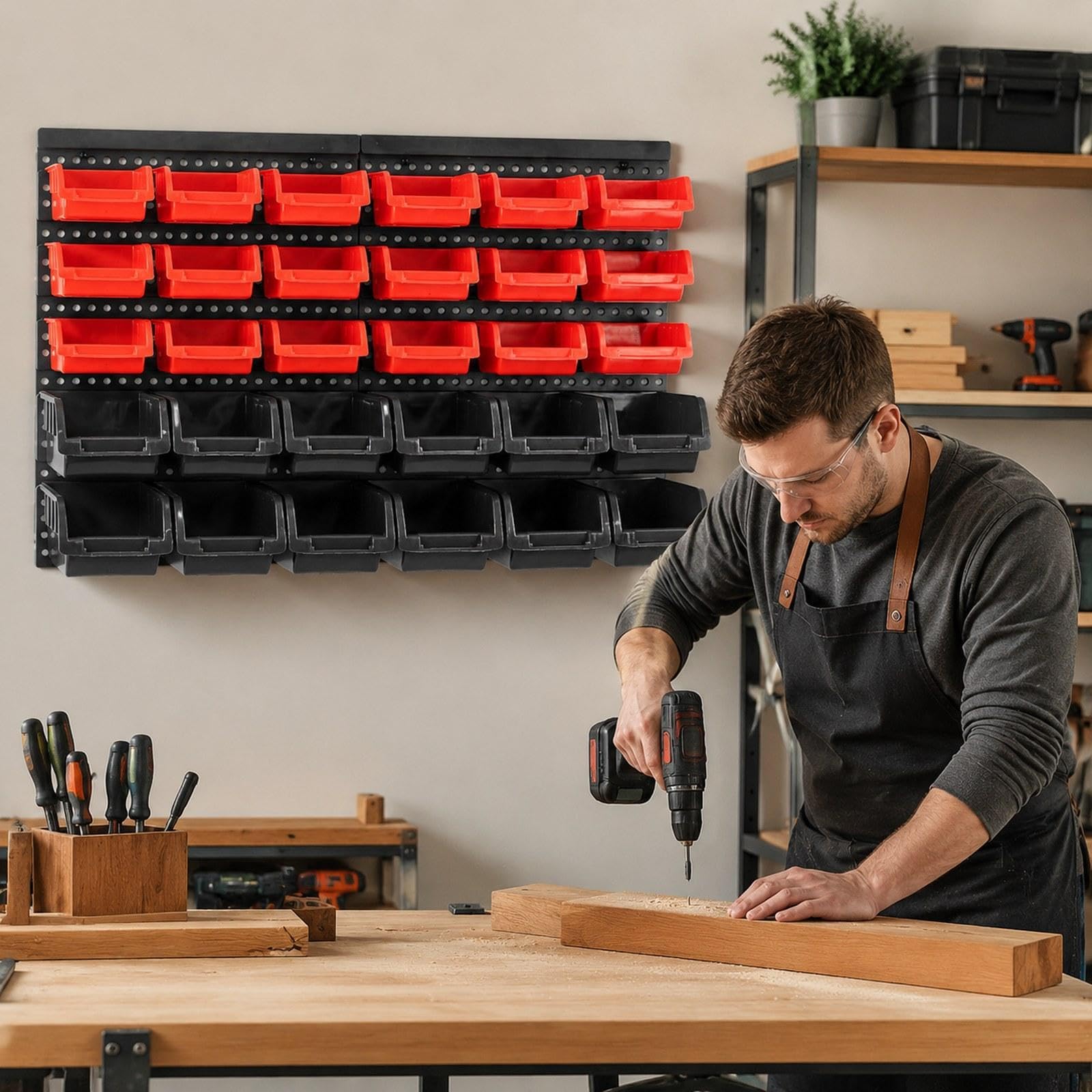 kowaku 30 Contenitori per Riporre Attrezzi con Pannello Forato, Facile Accesso Ai Componenti, Organizer per Utensili, Forniture per Ufficio, Garage, Rosso Nero