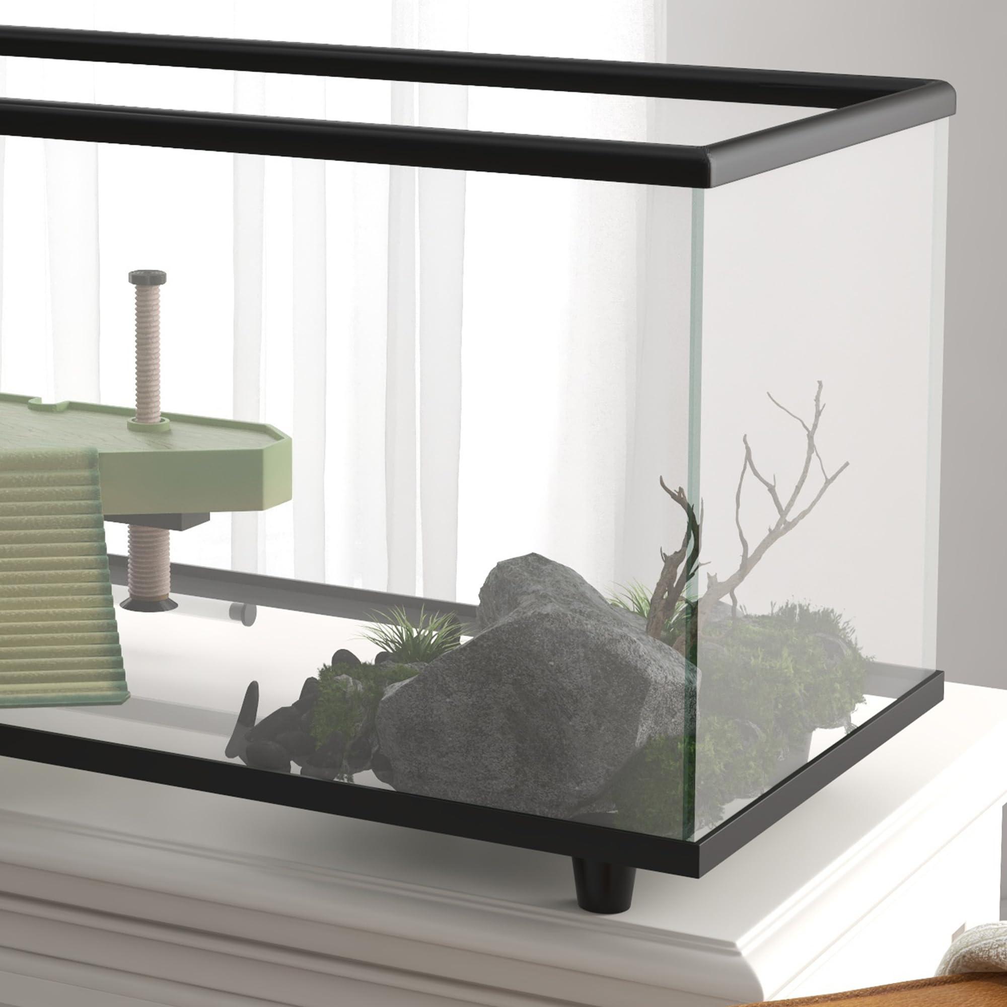 PawHut Acuario para Tortugas 50L con Plataforma 60x30x32 cm Transparente | Terrario de Tortugas Pequeñas, Rampa, Drenaje Fácil, Termómetro Adhesivo