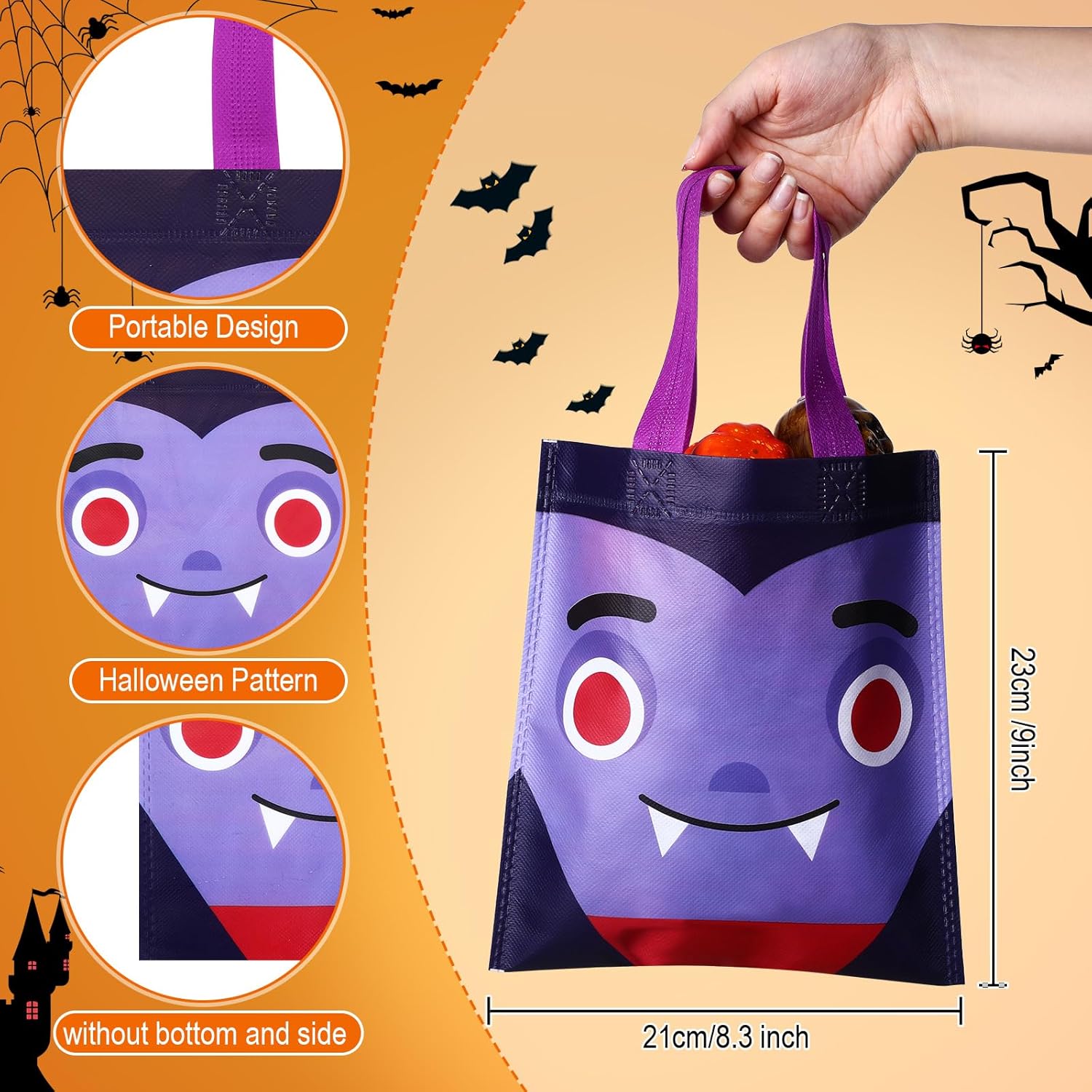 Ribbonlic 96 Pcs Halloween Treat Bags Party Favors, Candy Tote Bags with Handles, Reusable Non Woven Gifts Wrapping for Halloween Party Supplies