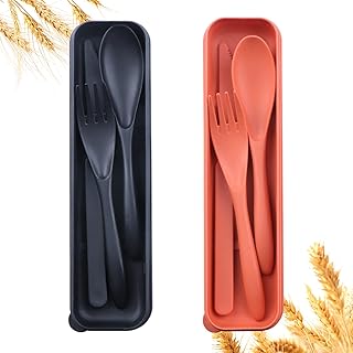 Reusable Travel Utensils Set with Case, 2 Sets Wheat Straw Portable Plastic Fork Spoons Knife Camping Cutlery, Eco-Friendly BPA Free Lunch Tableware Travel Picnic Utensils for Kids Adults Daily Use