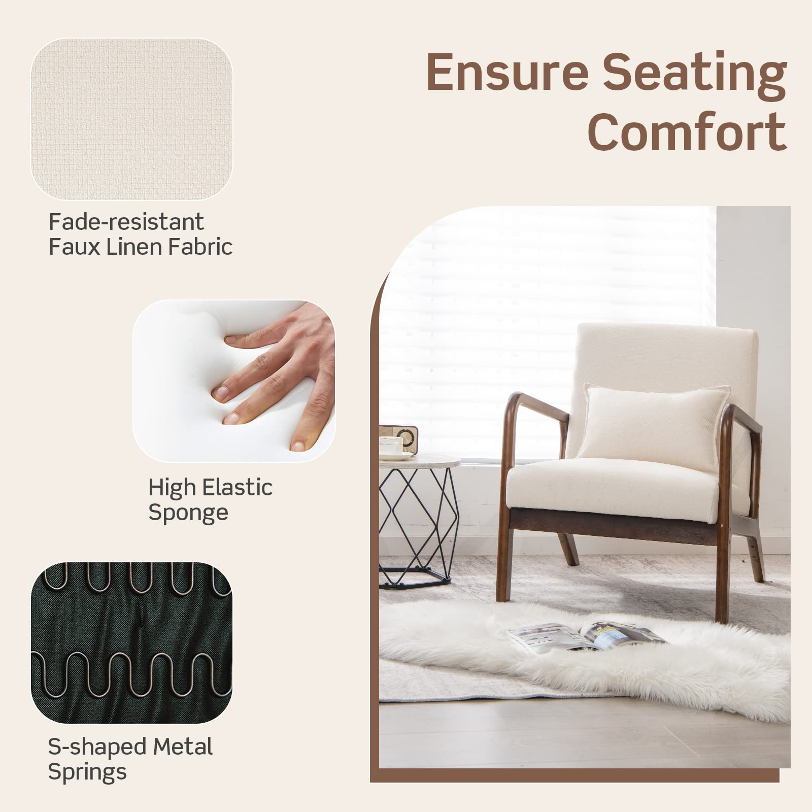 FANTASK Sessel, Modern Einzelsofa Holz mit Armlehnen, Loungesessel gepolstert für Wohnzimmer, Schlafzimmer, 65 x 79 x 77 cm, Beige