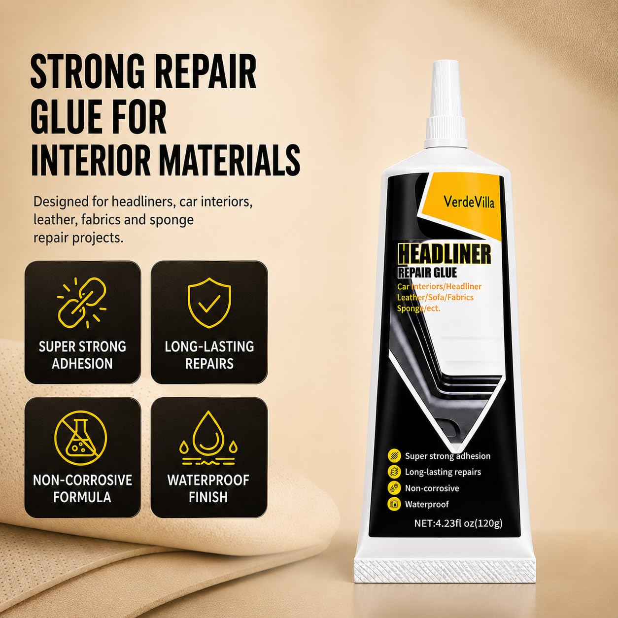 Headliner Repair Glue, Car Headliner Adhesive with Brush, Car Roof Liner Fabric Adhesive, Upholstery Glue for Cars,Headliner Repair Kit, Suitable for Automotive interiors, Fabric, Leather