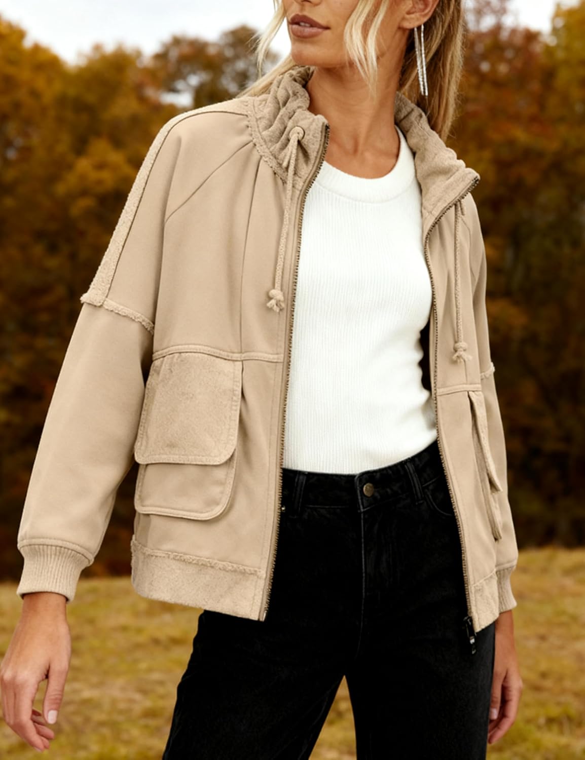 Fiona Jolin Womens Fall Casual Jackets Cotton Classic Zipper Fashion Coat Adjustable Stand Collar Streetwear with Pockets - Image 5