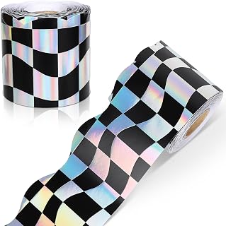 65.6Ft Iridescent Checkered Bulletin Board Border Holographic Black Plaid Die Cut Trim Border Roll for Back to School Classroom Chalkboard Wall Office Decor