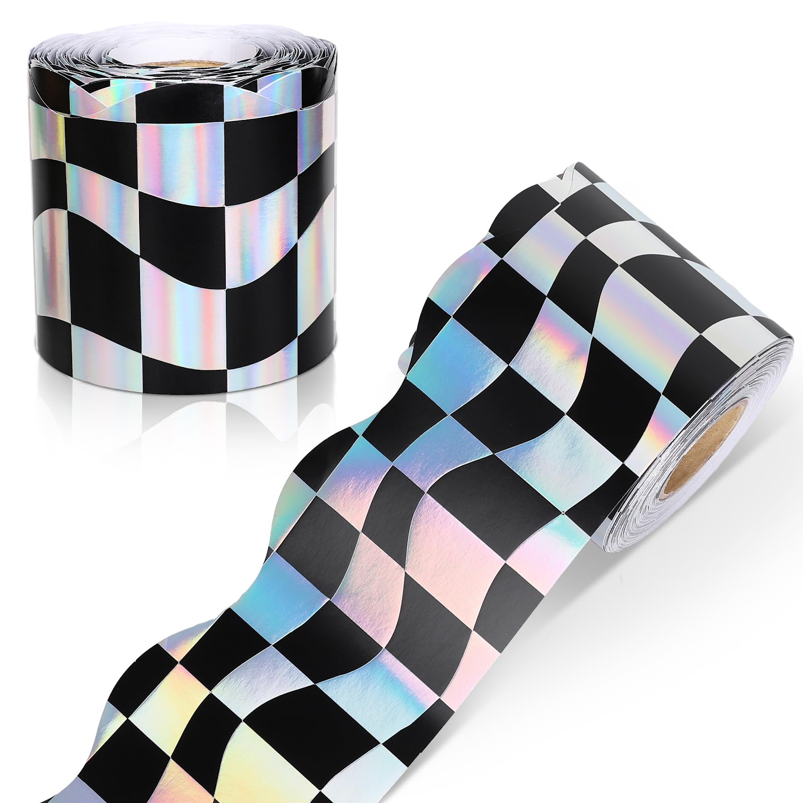 FYSUIMU 65.6 Ft Iridescent Checkered Bulletin Board Border Holographic Black Plaid Scalloped Border Trims Wavy Rolled Trim DIY Decoration for