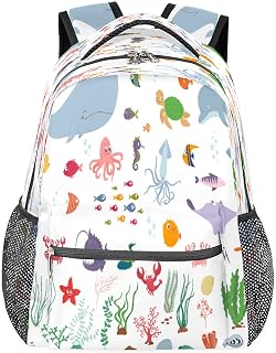 Mochilas escolares leves para meninos e meninas, adolescentes, oceano, golfinho, polvo, caranguejo, à prova d'água, 40,64 cm, para viagem, laptop, mochila casual, adequada para homens e mulheres, trabalho, viagens, caminhadas, acampamento, Multicor, Medium