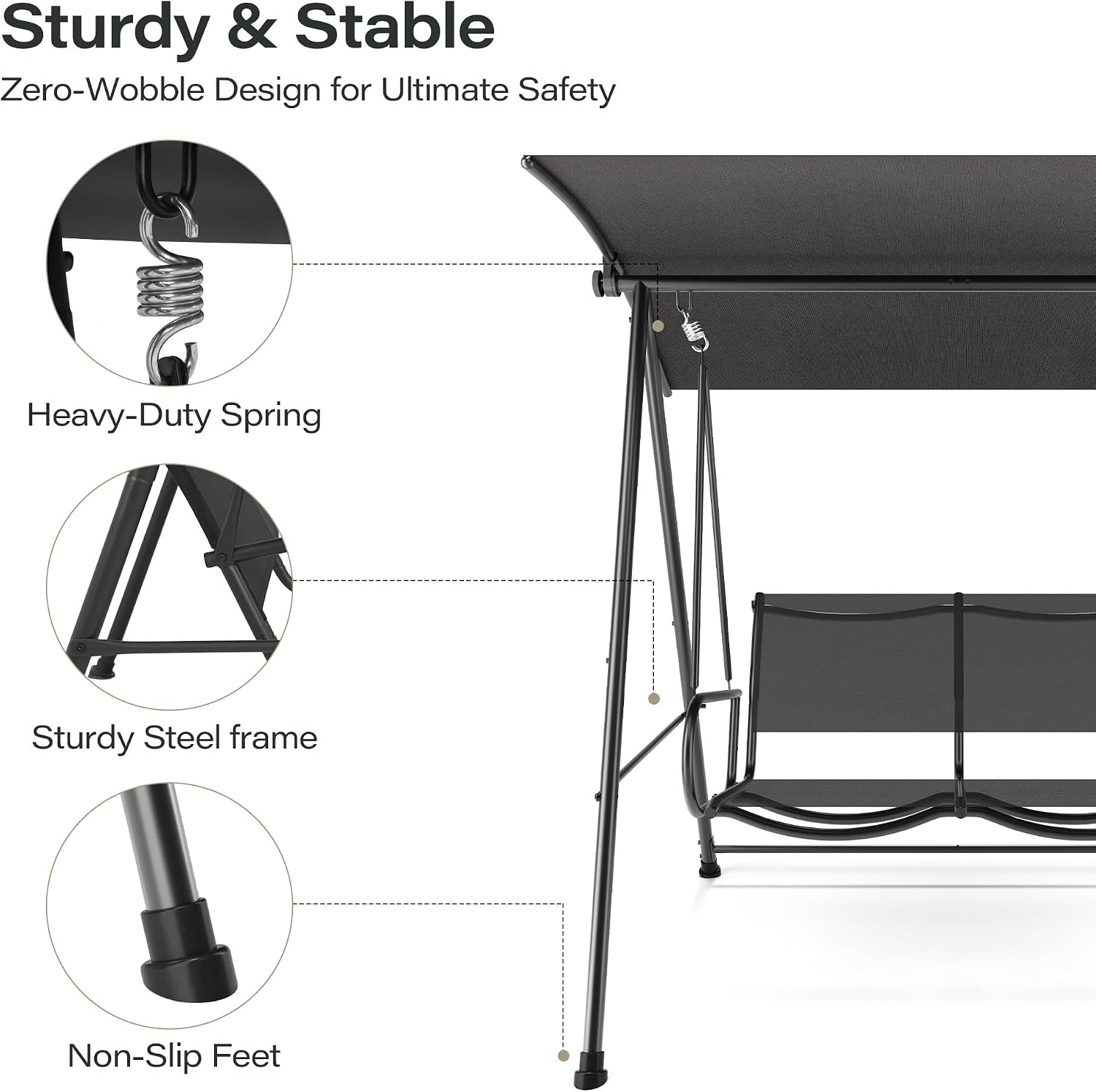 LAUSAINT HOME 3-Seat Outdoor Patio Swing Chair with Adjustable Arc Canopy, Porch Swing Sets with Sturdy Steel Stand and Breathable Fabric for Backyard, Garden, Balcony (Black)