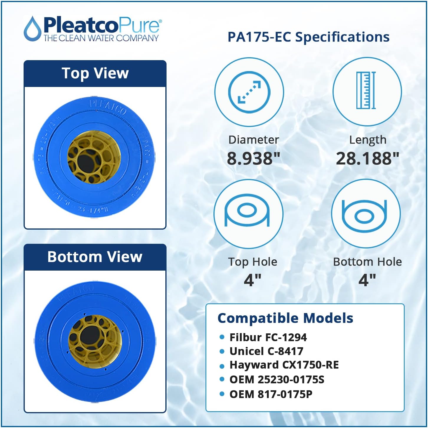 Pleatco PA175-EC Pool Filter Cartridge Replacement for Unicel: C-8417, Filbur: FC-1294, OEM Part Numbers: CX1750-RE, 25230-0175S, 817-0175P, White