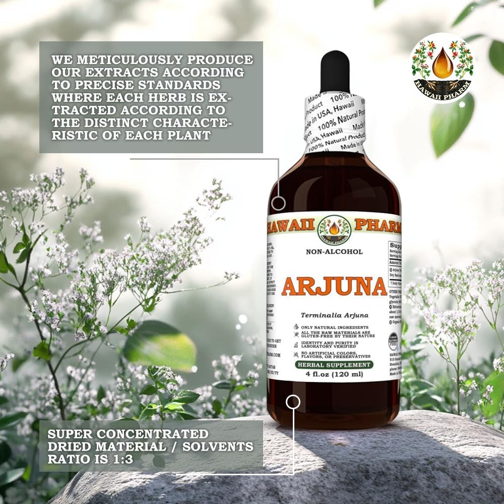 Arjuna (Terminalia Arjuna) Dry Bark Glycerite, Made in Hawaii, Raw Materials, All Natural, Vegan, Lab Tested Alcohol-Free Liquid Extract - 4 fl.oz