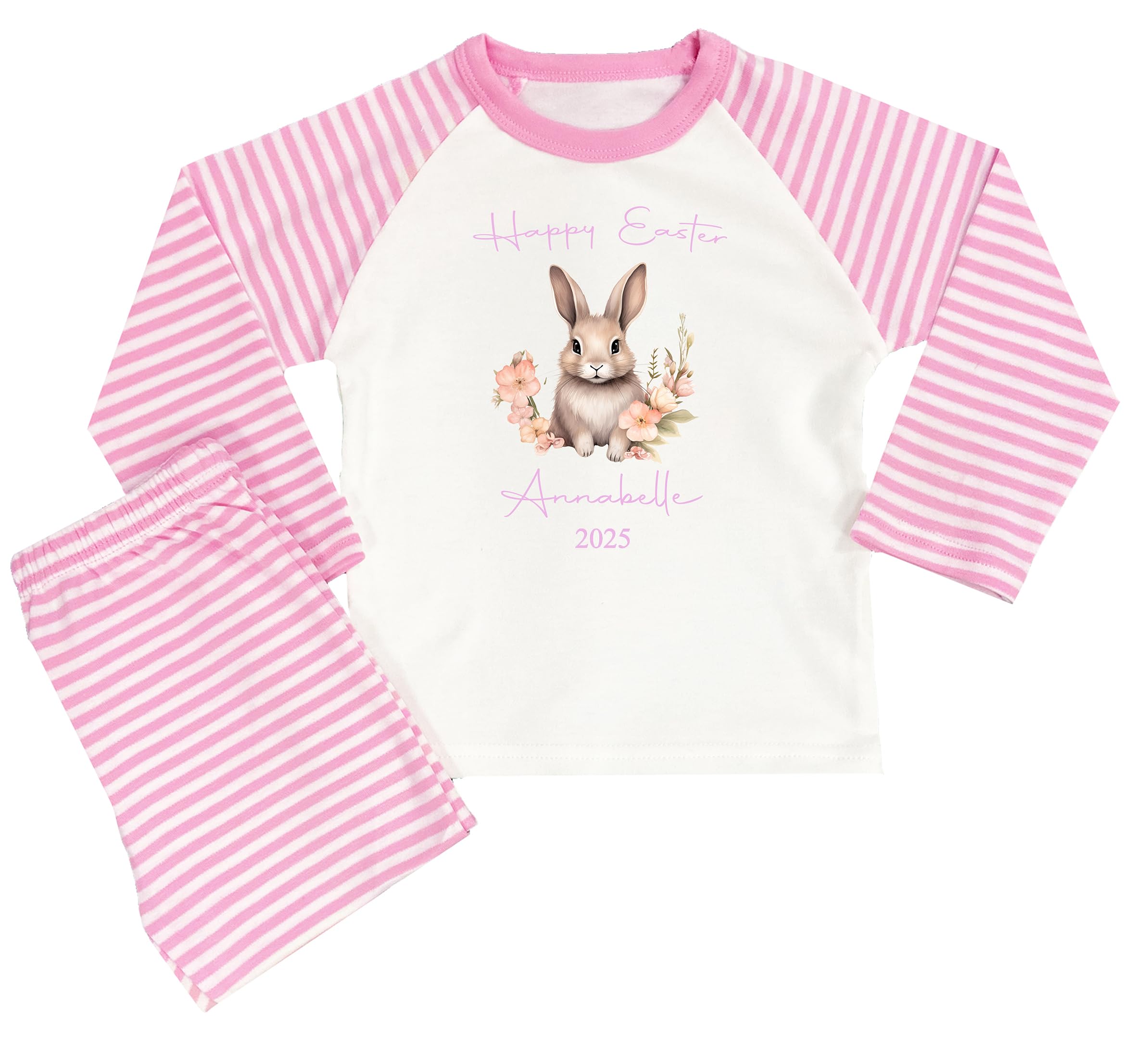 The Baby Box UK Personalised Girls Easter Pyjamas Pink Stripe Bunny Rabbit PJs (Happy Easter Pink Stripe, 6-12 Months)