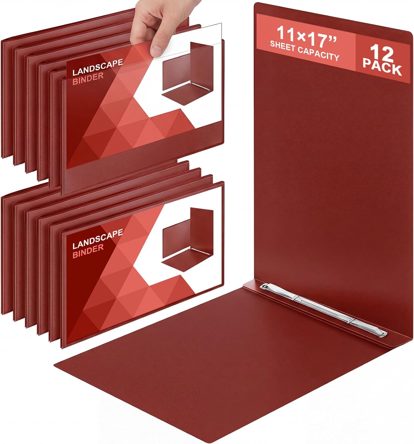 12 Pcs 11''x17'' Report Covers, Binder Folders with Clear Pocket, Capacity Presentation Binder Folder with 3" Metal Prong Paper Fastener for School Portfolio Business Document Storage Proposals(Red)