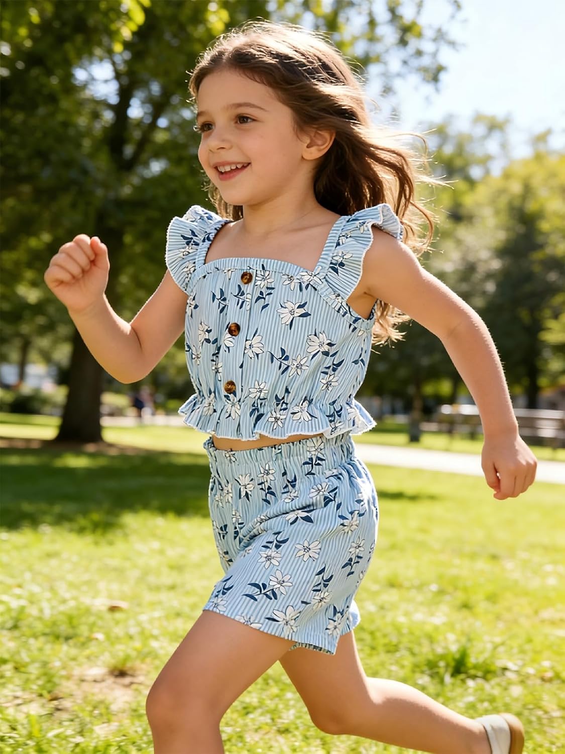 Kids Toddler Girls Summer Clothes Button Design Striped Tank Top + Floral-Print Elastic Shorts 2 Piece Outfits - Image 3