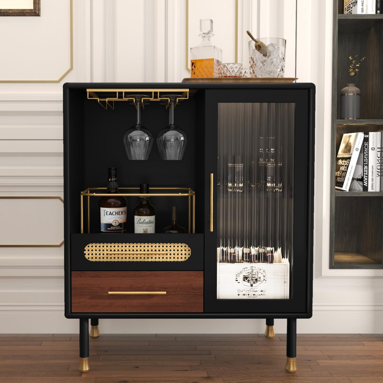 ARTPOWER Modern Coffee Bar Cabinet with Pull-Out Wine Storage, Black | Bar Cart with Wine Glass Rack and Drawers, Liquor Cabinet for Kitchen, Dining Room, Living Room