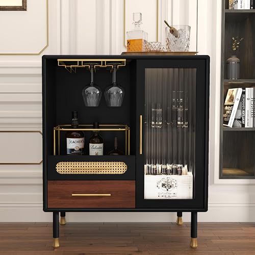 ARTPOWER Modern Coffee Bar Cabinet with Pull-Out Wine Storage, Black | Bar Cart with Wine Glass Rack and Drawers, Liquor Cabinet for Kitchen, Dining Room, Living Room