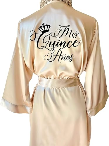 Custom Glitter Short Robe with Crown, Tiara, Ring Symbol, Personalized Satin Robe For Bridesmaids or Quinceañera Sweet Sixteen Birthday Parties,