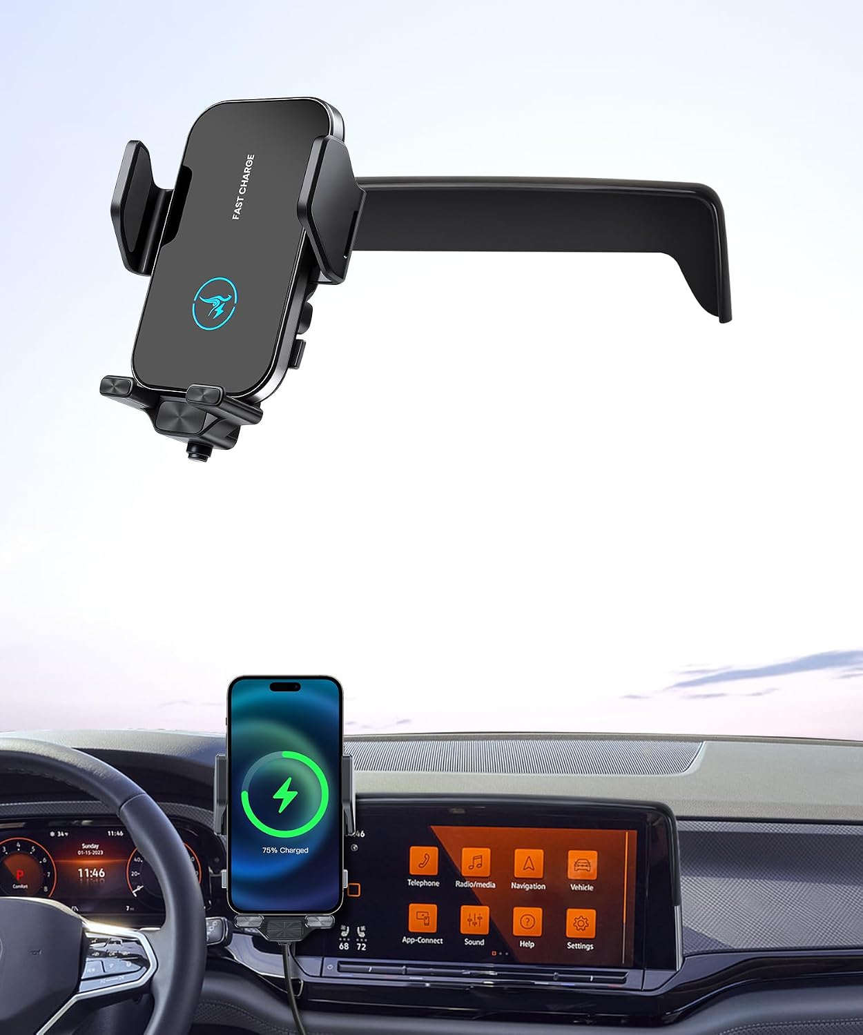15W Wireless Fast Charger for Volkswagen Atlas/Altas Cross Sport 2024-2026 Accessories 12 inch Screen Fixed Clip, Auto Accessories Navigation Bracket, Interior Decoration Mobile Phone Mount