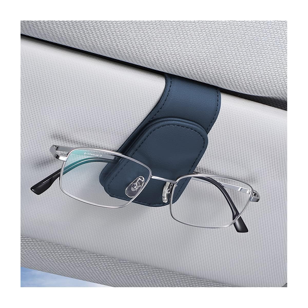 AICEL Sunglasses Holders for Car Sun Visor, Leather Magnetic Clip, Blue