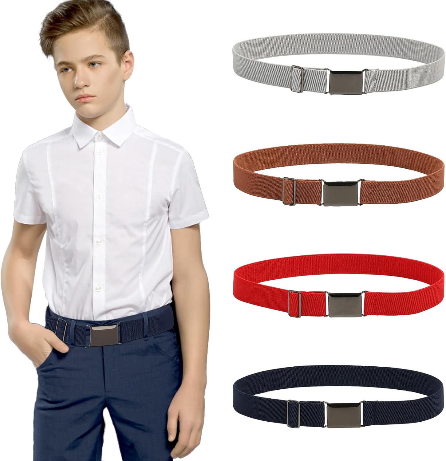 Kajeer Kids Belts 2 Pack for Boys Girls Elastic,Adjustable Silver Square Buckle Boy Toddler Belt for School Uniforms Causal