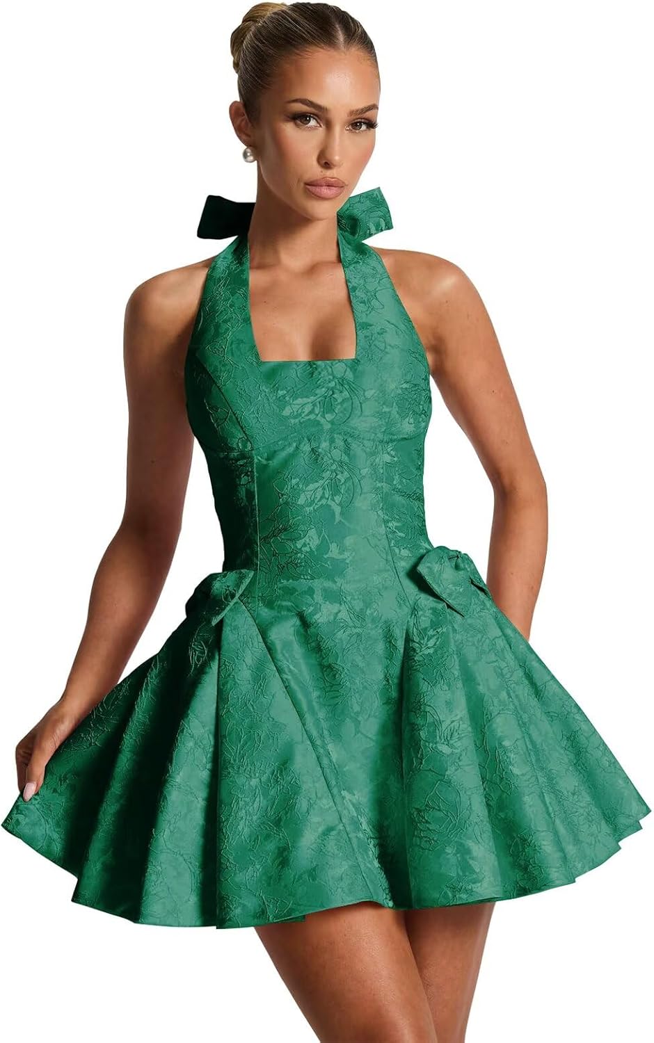 Satin Jacquard Halter Homecoming Dresses with Bow Puffy A Line Corset Summer Formal Evening Gown for Teens