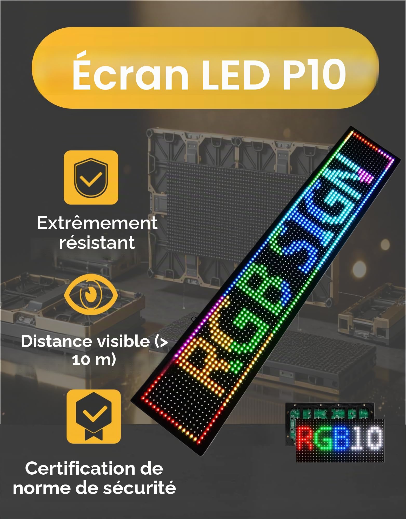 Panneau LED programmable P10 Écran numérique SMD 96 x 16 cm avec effet néon Écran led haute luminosité 4000 cd/m² Panneau publicitaire led IP65 résistant aux intempéries Pour panneaux publicitaires