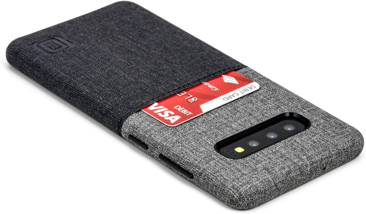Dockem Luxe N1 Card Case for Samsung Galaxy S10 Plus: Ultra Slim 1 Slot Wallet Case, Synthetic Leather with UltraGrip Twill Canvas Styling: S10+ [Black & Grey]