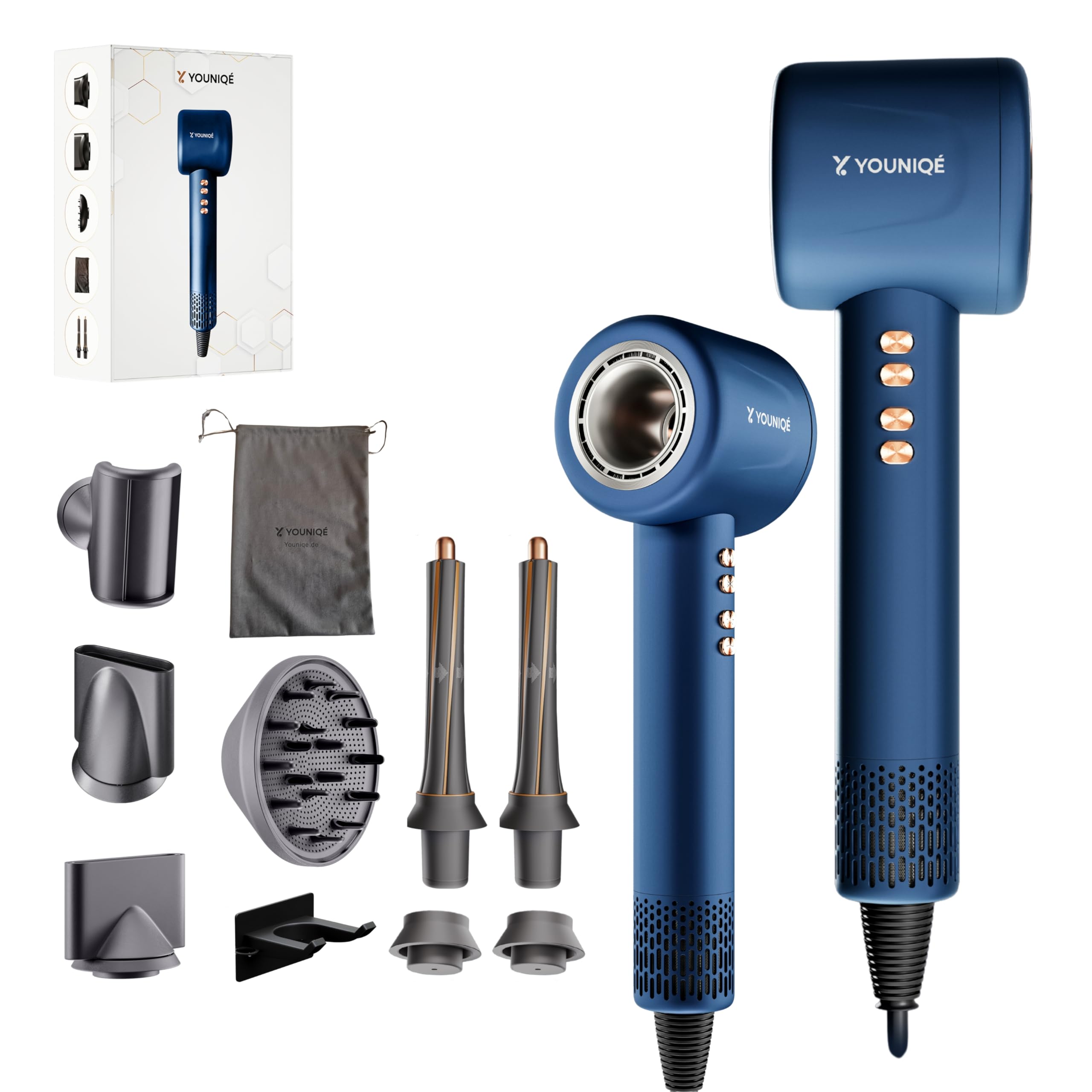 Haartrockner – 5-in-1 Föhn mit Ionen-Technologie, Lockenstab, Glättdüse, Diffusor & Konzentrator – 1600W, LED-Anzeige, 4 Temperaturstufen, Magnetaufsätze – Ergonomisch – Blau/Gold