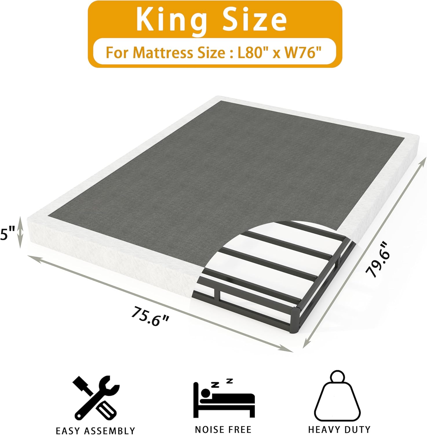 king box spring 5 inch, low profile king size box spring, heavy duty metal mattress foundation with fabric cover, easy assembly king 5 inch height