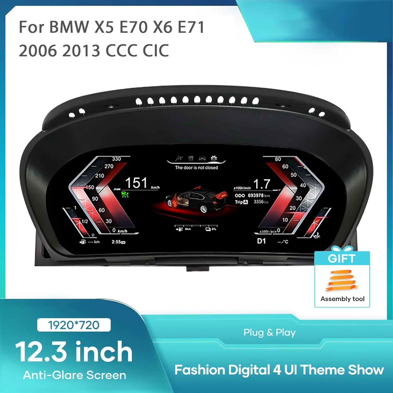 12.3 inch Digital Dash Instrument Cluster for BMW X6 E71 2006-2013, LCD Digital Panel Speedometer car Dashboard Replacement Digital Gauge Cluster-B