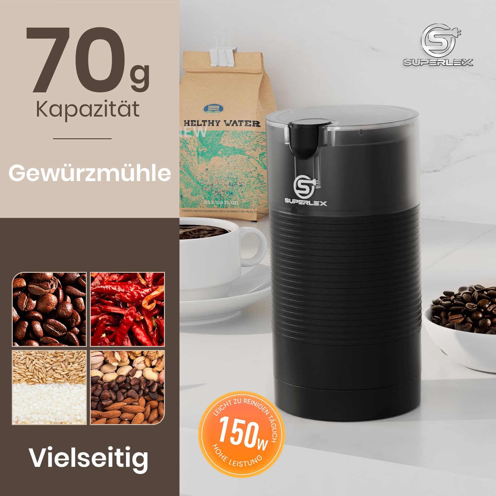 Elektryczny młynek do kawy 150 W młynek do przypraw z ostrzami ze stali nierdzewnej młynek do kawy kompaktowy do ziaren kawy, orzechów, ziół, łatwy do czyszczenia, idealny do