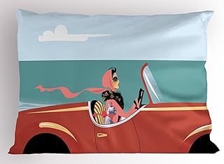 Lunarable Cars Pillow Sham, Funk Illustration of a Lady Driving Retro Auto on Road with Her Dog by Sea, Decorative Standard Size Printed Pillowcase, 26