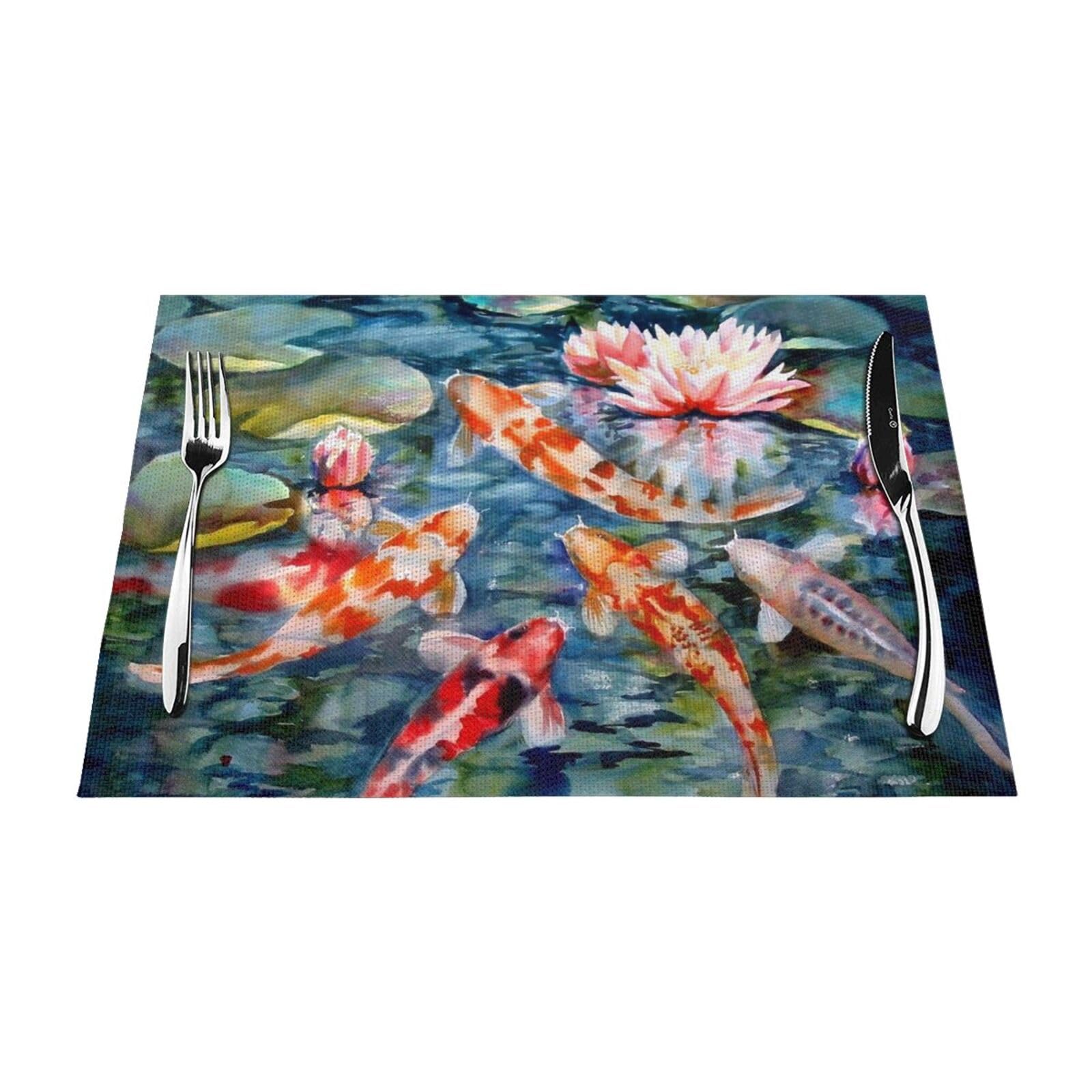 PVC Placemat Set of 1 PCS, 45x30 CM, Japanese Koi Fish Printed Non-Slip Heat Resistant Place Mats for Kitchen Dining Table Indoor Outdoor