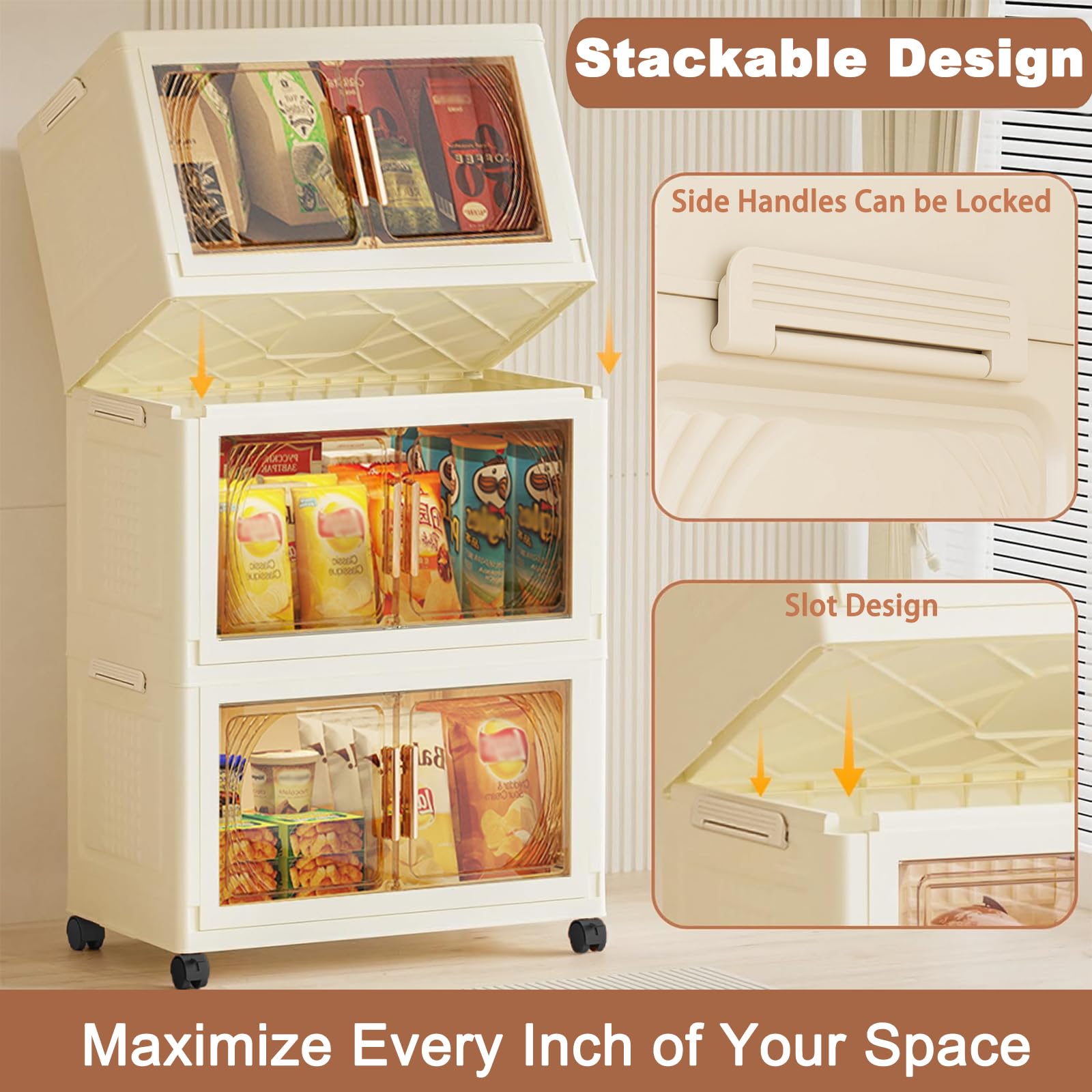 Set di 4 Contenitori in Plastica Pieghevoli con Coperchio – Scatole Impilabili con Ruote, Organizer Salvaspazio per Armadio, Cucina, Soggiorno e Camera da Letto - 125L