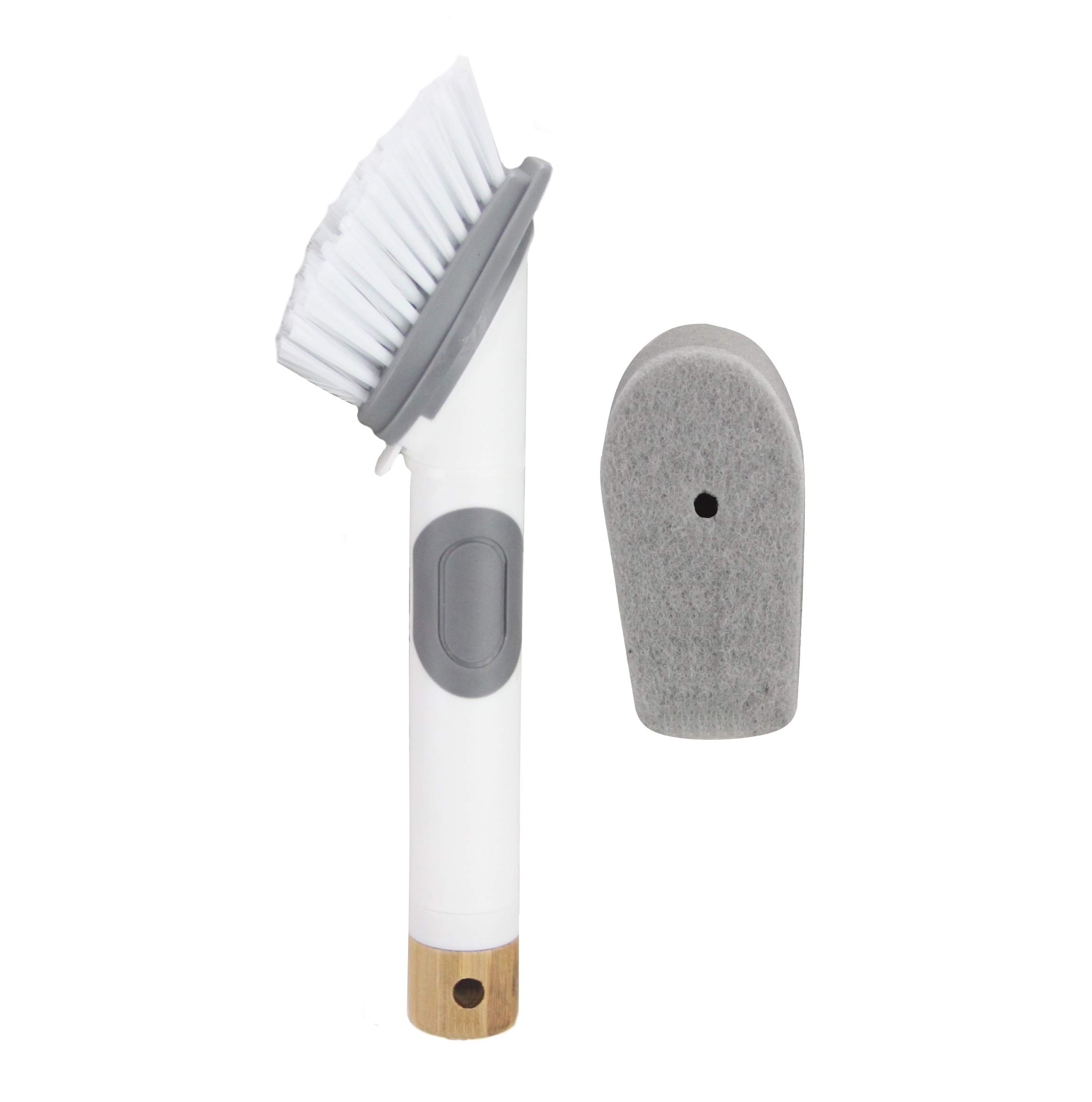 Alpina White Soap Dispensing Dish Brush 2 In 1 Sponge And Bristle Brush Kitchen Brush For Dishes Pot Pan Sink Cleaning Dish Scrubber Brush With Built In Soap Liquid Dispenser, Long Handle,