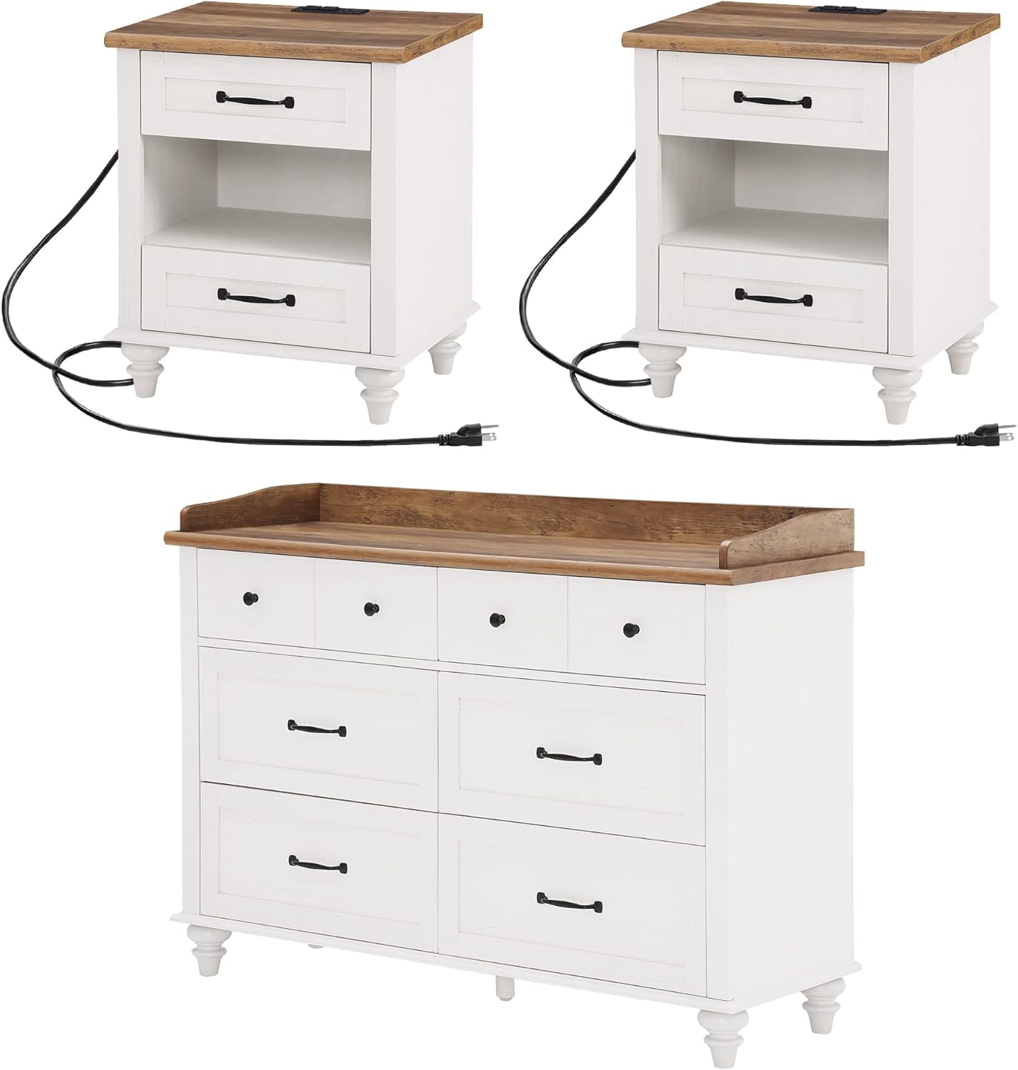 WAMPAT 3 Piece Dresser and Nightstand Sets, White Dresser & Chests of Drawers with 6 Drawers and Metal Handle, Mid-Century Modern Night Stand End Tables with Charging Station, 3 Piece Bedroom Set