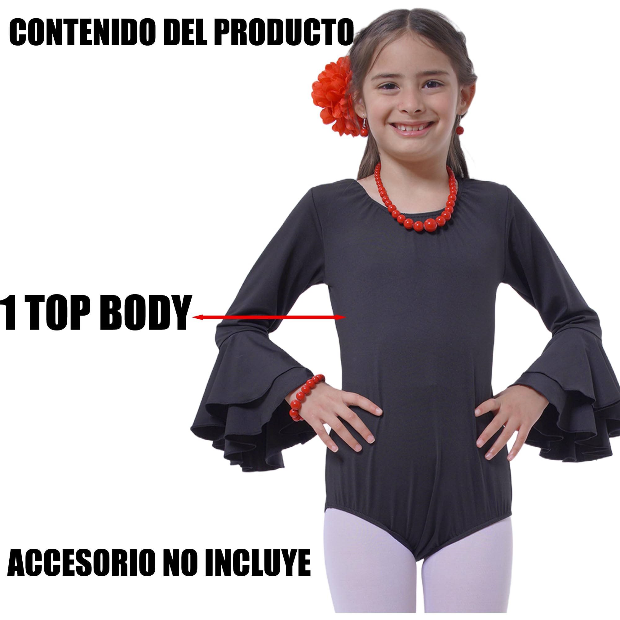 Carnavalife Body flamenco niña negro maillot danza manga larga con volante, leotardo ballet gimnasia, escote redondo, ribete rojo opcional — view 4