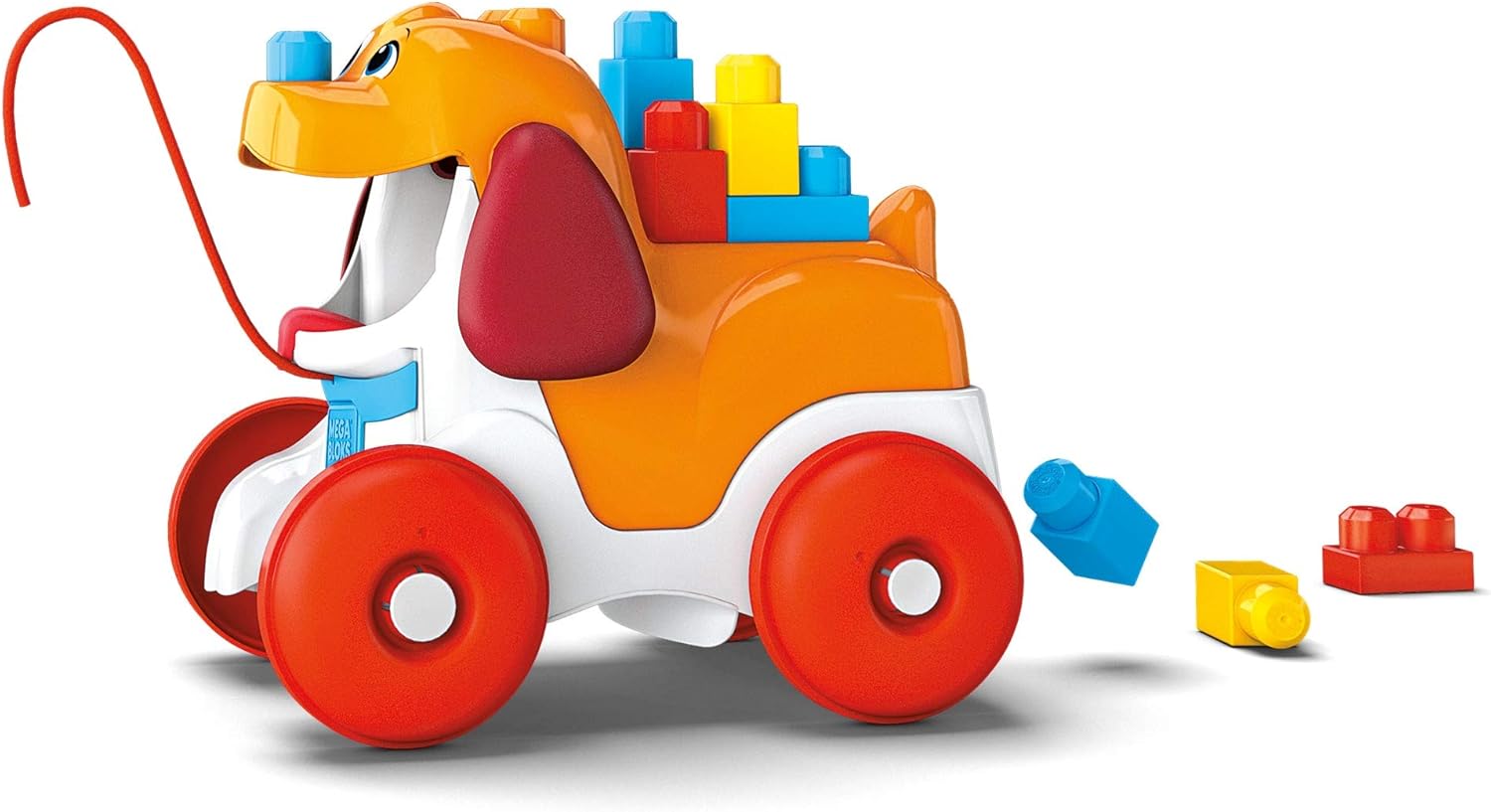 Child placing a block into the Mega Bloks Pull-Along Puppy's mouth