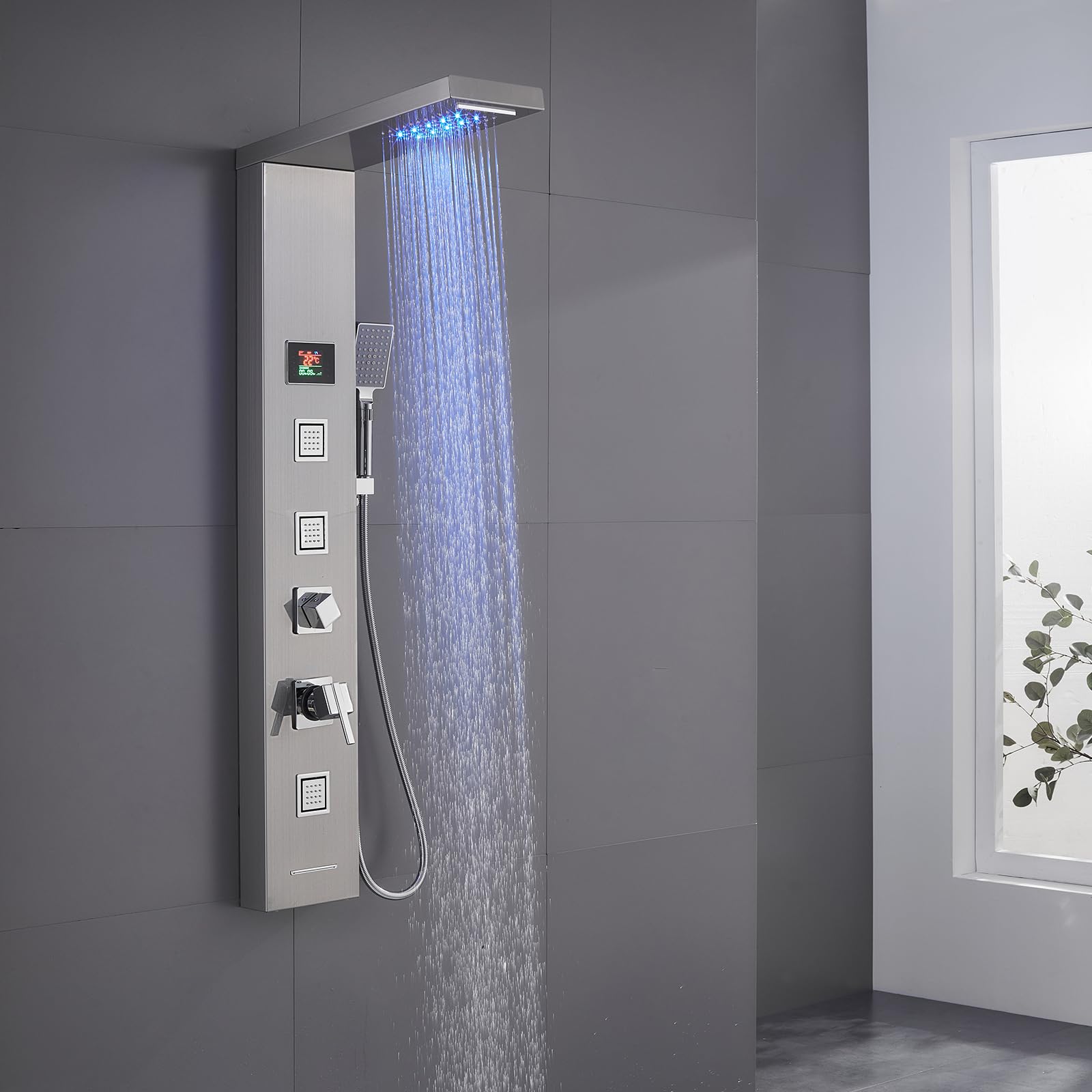 Shower Tower with Mixer, 5-Function Shower Column with LED Temperature Display Rain＆Waterfall Shower, Massage Jets, Handset and Bath Spout, Shower Panel 304 Stainless Steel, Brushed