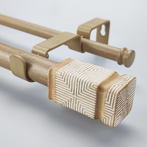Juego de cortinero doble estilo bohemio rústico con remate cuadrado tallado, 36-72 pulgadas, barra de cortina estándar doble beige para 1 paquete, 1