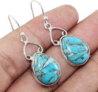 925 Sterling Silver Dangle Earrings For Womens Natural Blue Copper Turquoise Dangling Earrings Sterling Silver Dangling Earrings Blue Gemstone Boho Drop Dangle Earrings