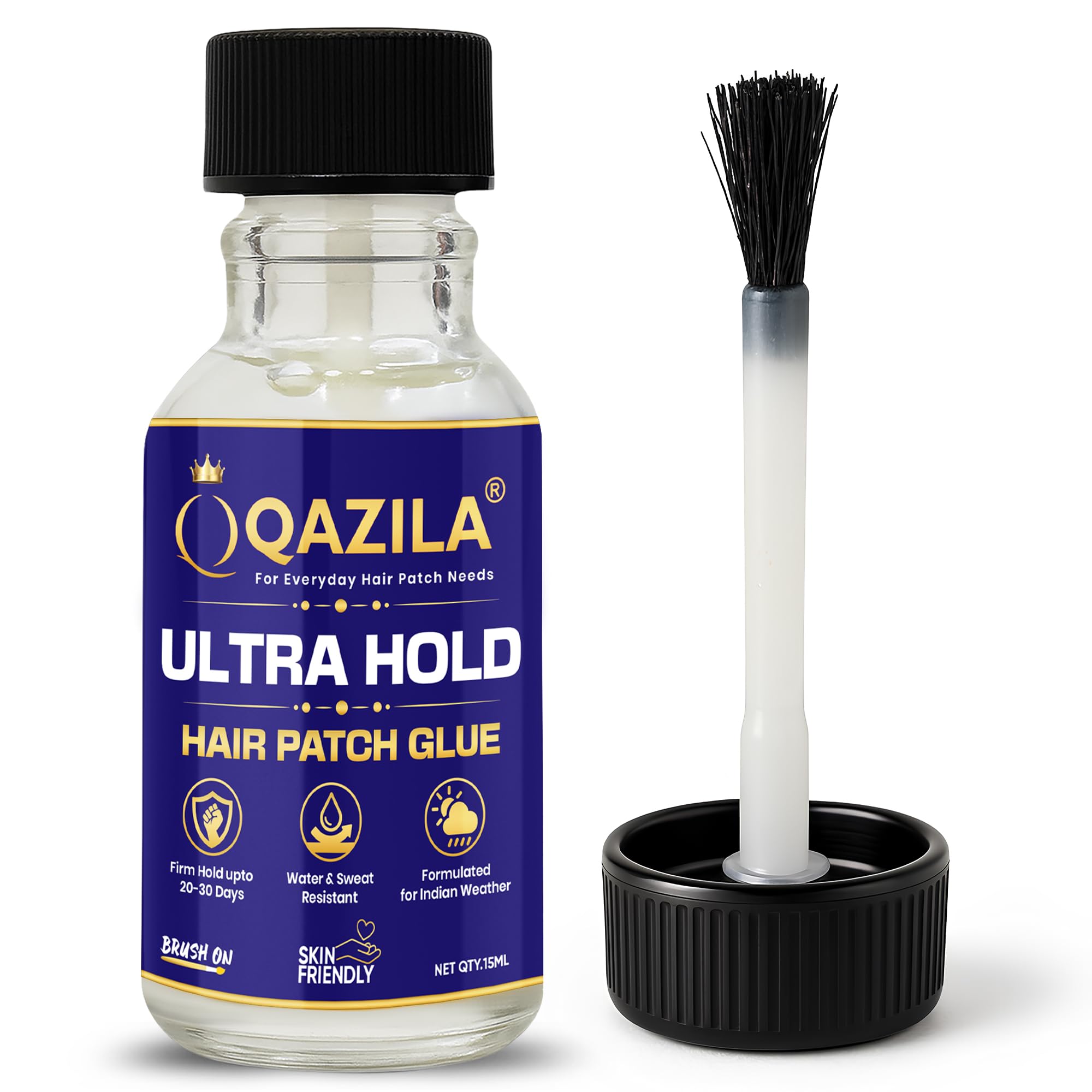 Qazila Ultra Hold Hair Patch Glue| Hair Wig Glue| Water & Sweat Resistant| Hold upto 20-30 days| Skin-Friendly| Suitable For Indian Weather| Acrylic Base| 15 ml