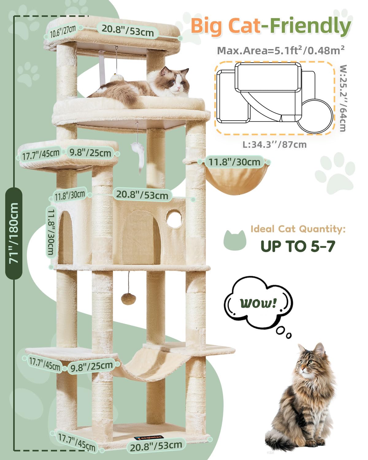 Taoqimiao Arbre a Chat Maine Coon,180cm Stable Arbres à Chat Grand Format XXL avec Condos Spacieux pour Chats, 8 Griffers, Très Grand Plateformes, Hamac, Panier pour Matou, MS034M Beige