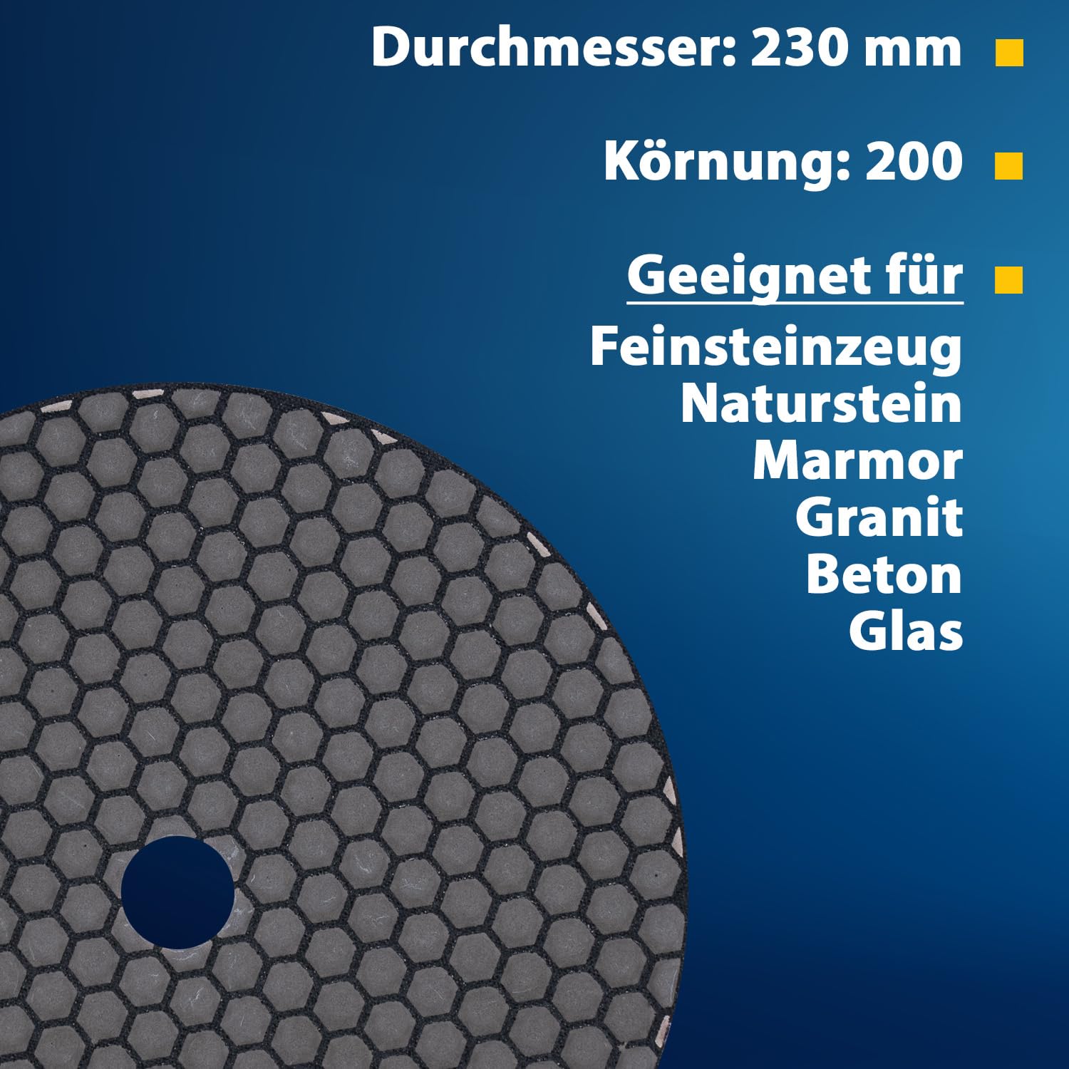EDW Almohadilla de lijado profesional de diamante para pulir en seco, D = 230 mm, grano 200, con cierre de velcro, para piedra natural, piedra artificial, granito, mármol, vidrio, cerámica o azulejos