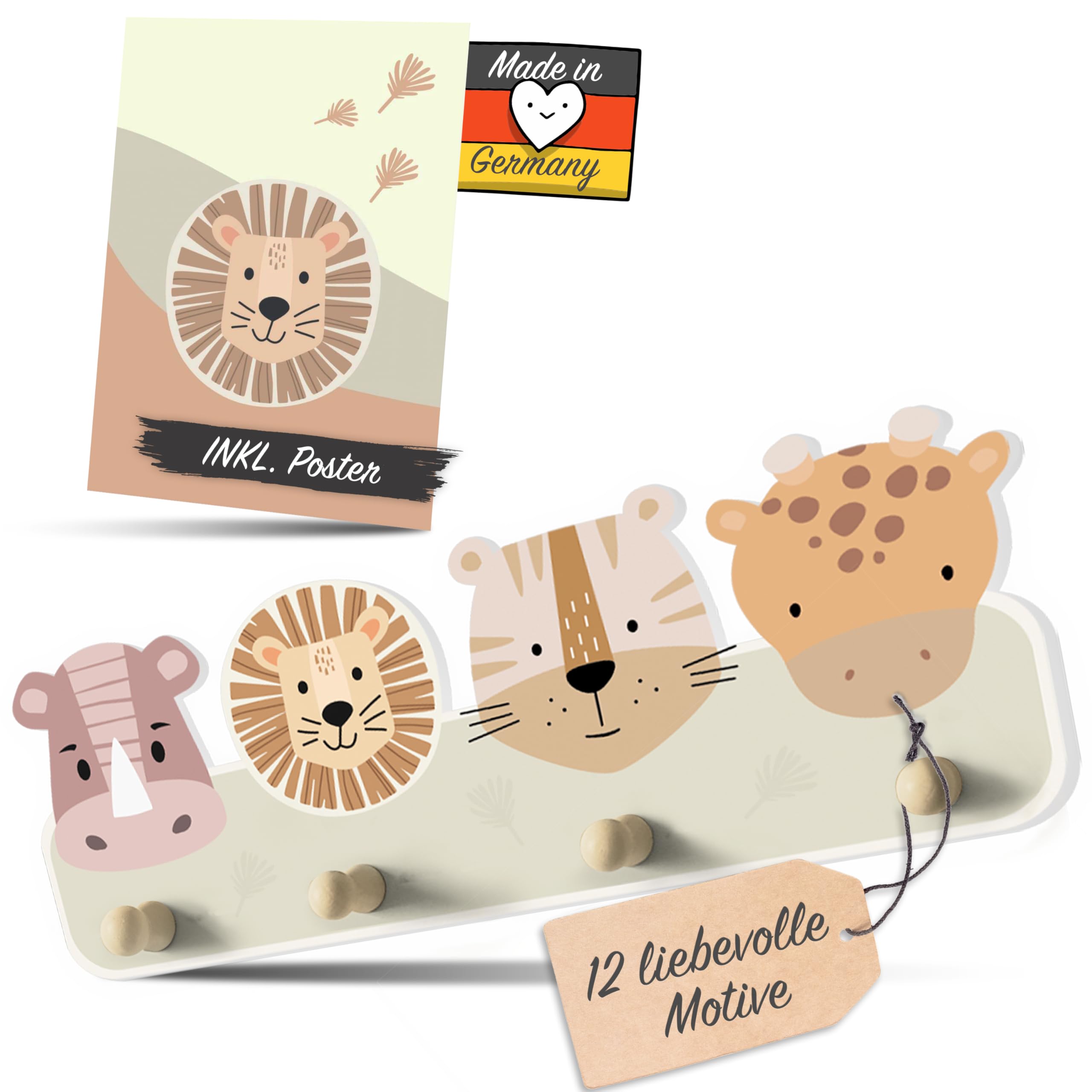 Safari Natur Kindergarderobe in Naturfarben inkl. A4 Poster - Garderobe Kinder Edition mit 4 Haken - Wunderschöne Kinder Garderoben Deko - Kindergarderobe Maße (38 x 15 x 5 cm)
