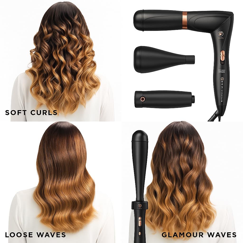 Twist & Style Kit Professionale per Capelli, Bellissima 3 Accessori Intercambiabili, Nero con Dettagli Oro Rosa, Ricci e Onde, 200W, Ceramica, 200°C