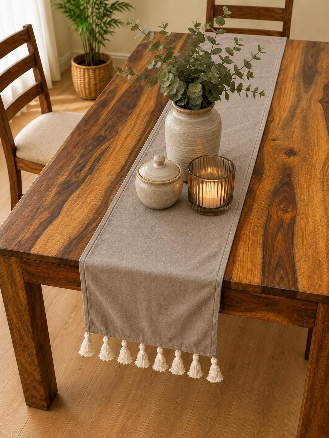 Taupe Velvel Table Runner with Tassel Fringe | Taupe, Tassel Ends, Dining Table Decor, Soft Velvet Fabric, Boho Style-image-18