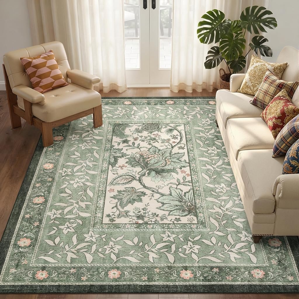 FairyStyle Vintage Floral Bordered Sage Green 160 x 230 cm Washable Large Area Rug, Low-Pile Faux Cashmere Rug with Non-Slip TPR Backing for Living Room, Bedroom, Dining Room and Playroom