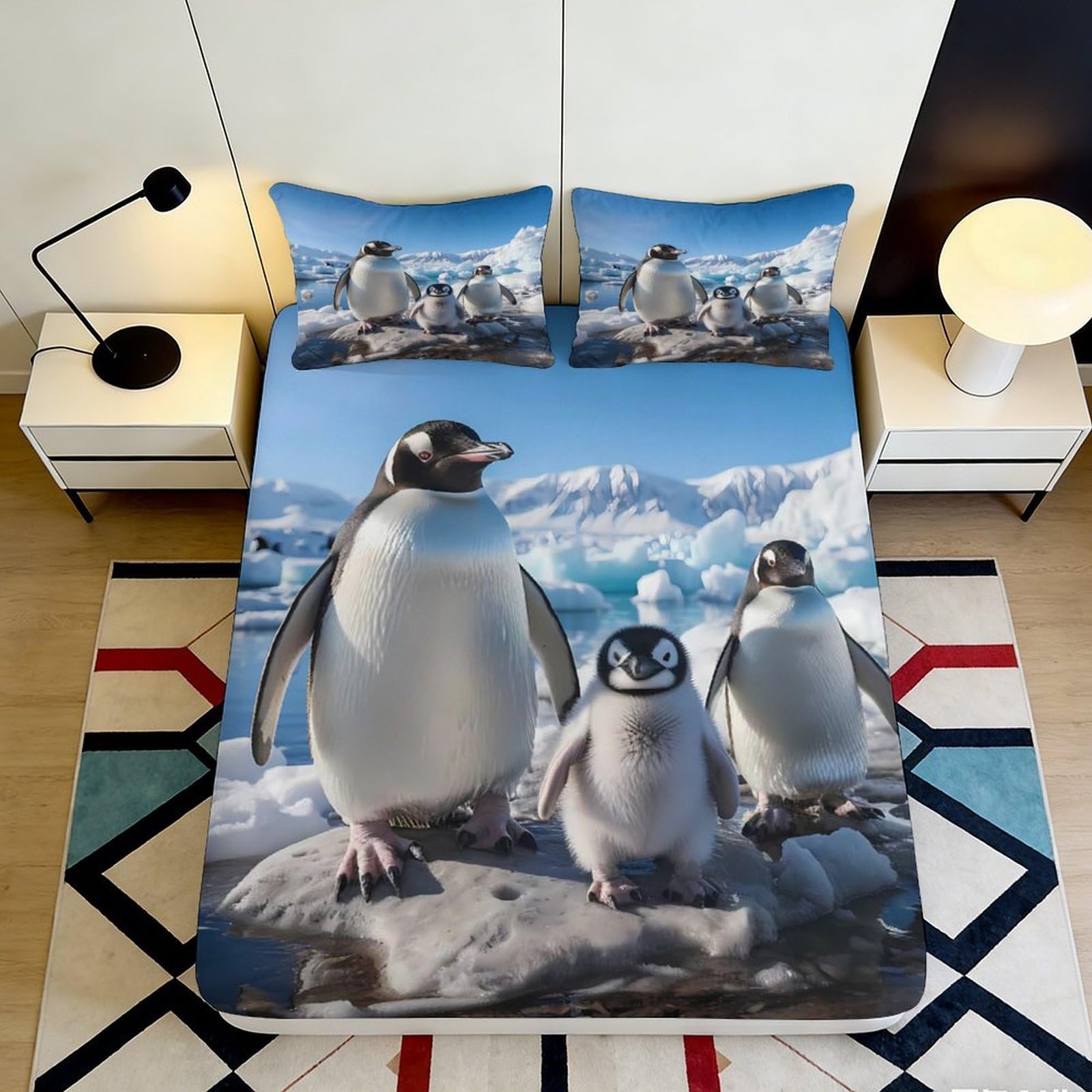 3D Printed Penguin Family Fitted Sheet Microfiber Non-slip Mattress Cover Arctic Landscape Bed Decor for Bedroom Guest Room 90x200x25cm
