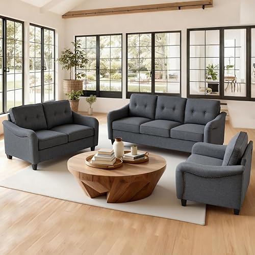 Juego de muebles de sala de estar de 3 piezas, sofá de tres asientos y sofá biplaza, sillón Singel con ribete de cabeza de clavo, tapizado de lino